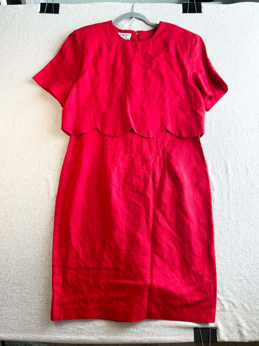 Talbots Vintage Red Linen Blend Scalloped Overlay Short Sleeve Sheath Dress Size